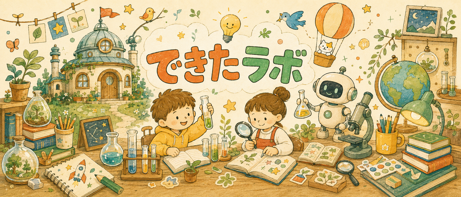 できたラボの世界。ラボの道具、本、植物、子どもたちが楽しく学ぶ手描きイラスト。